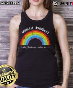 Hot Genesis 9:16 Revelation 4:3 Taking the Rainbow Back tank top featuring a vibrant rainbow design on a stylish background.