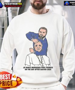 Hot JD Vance sweatshirt illustration depicting a fictional scene with Pope Francis, Easter 2025 theme.