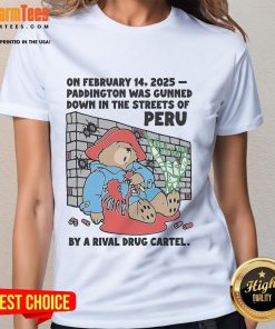 Graphic tee depicting Paddington's fictional demise in Peru, February 14, 2025, by a rival drug cartel. Unique design.