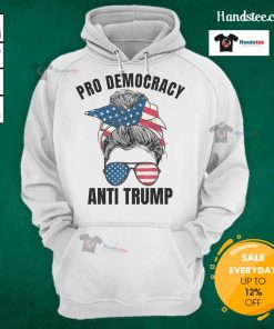 Hot Pro Democracy Anti-Trump Hoodie featuring a messy bun and American flag design for bold political expression.