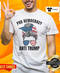 Hot Pro Democracy Anti Trump T-Shirt with Messy Bun design and American Flag, perfect for patriots and activists.