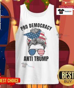 Hot Pro Democracy anti-Trump tank top with American flag design, featuring a stylish messy bun hairstyle.