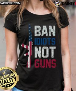 Hot Pro Second Amendment gun rights 'Idiots Not Guns' ladies tee featuring bold text on a stylish shirt design.