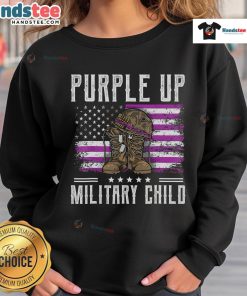 Alt Text: Hot purple sweatshirt for Military Child Month featuring a flag design, celebrating military children.