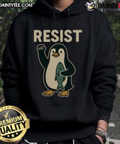 Hot Resist Penguin protest against tariffs wearing a hot hoodie, showcasing environmental activism and playful fashion.