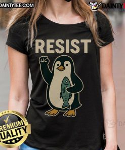 Hot ladies tee featuring a penguin protest against tariffs, promoting awareness and fun fashion choices.