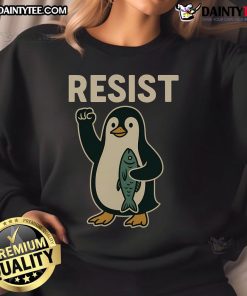 Alt Text: Hot Resist Penguin protesting against tariffs wearing a stylish hot sweatshirt, showcasing eco-friendly fashion.
