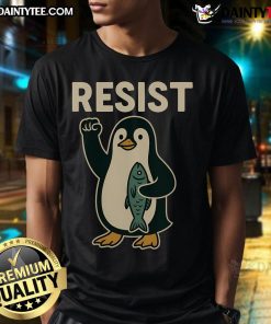 Hot Resist Penguin Protest Against Tariffs T-Shirt featuring a colorful penguin design promoting activism and awareness.