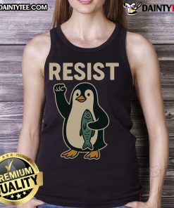 Hot-resist penguin in a tank top protesting against tariffs, showcasing a playful yet powerful message on climate action.