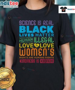 Black Lives Matter rainbow tee for ladies celebrating LGBTQ+ pride and science, promoting inclusivity and equality.