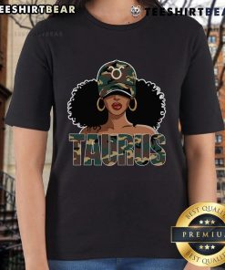 Alt Text: Stylish black woman wearing a camo birthday tee featuring the Taurus zodiac sign, perfect for Taurus queens.