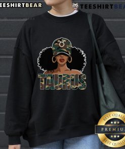 Hot Taurus Queen camo birthday sweatshirt for Black women featuring zodiac sign design and stylish cap.