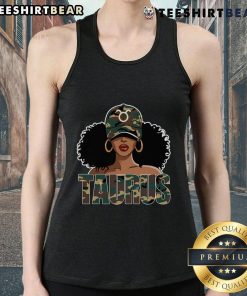 Black woman wearing a Hot Taurus Queen camo birthday tank top, showcasing zodiac sign style and confidence.