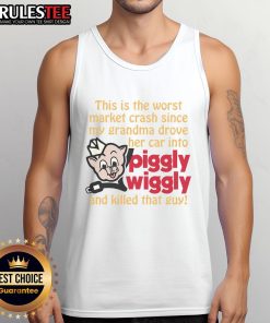 Person wearing 'Worst Market Crash' tank top, humorously referencing a past accident, blending nostalgia and market challenges.