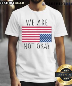 Alt Text: Hot We Are Not Okay vintage American flag USA patriotic slogan T-shirt design featuring distressed graphics.