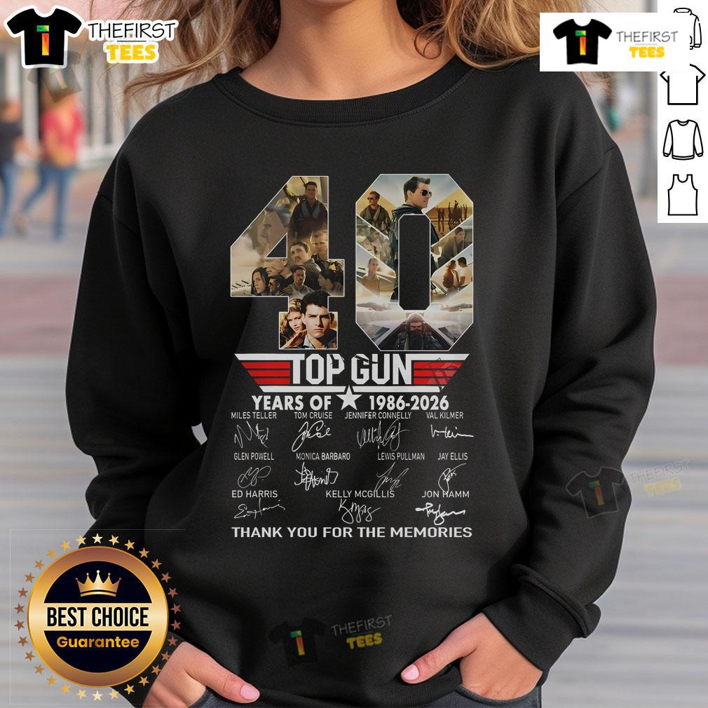 Top Gun 40 Years Of 1986 2026 Thank You For The Memories Sweatshirt Top Gun 40 Years of 1986-2026 sweatshirt featuring tribute design, celebrating memories from the iconic film series.