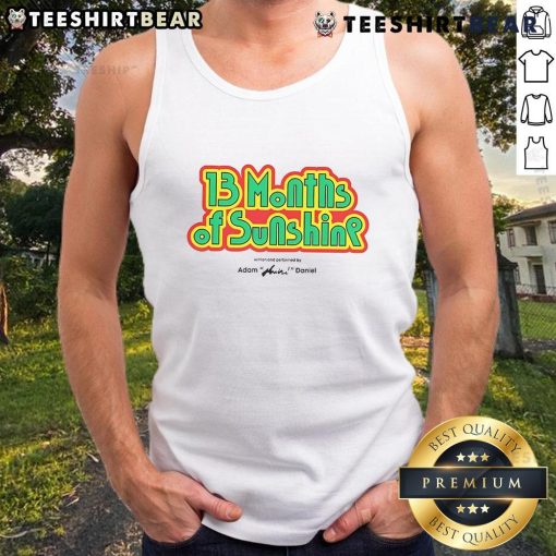 Alt Text: Cover of 'Nice: 13 Months of Sunshine' written and performed by Adam Huini, featuring a vibrant tank top design.