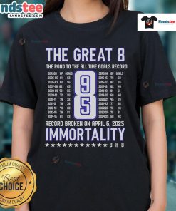 Nice Alex Ovechkin The Great 8 Ladies Tee celebrating his journey to the All-Time Goals Record in stylish design.