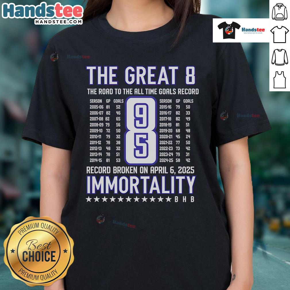 Nice Alex Ovechkin The Great 8 The Road To The All Time Goals Record Ladies Tee Nice Alex Ovechkin The Great 8 Ladies Tee celebrating his journey to the All-Time Goals Record in stylish design.