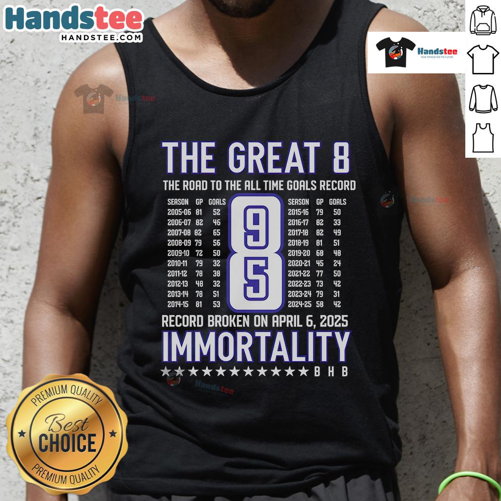 Nice Alex Ovechkin The Great 8 The Road To The All Time Goals Record Tank Top Alex Ovechkin wearing a tank top celebrating 'The Great 8' and his pursuit of the all-time goals record.