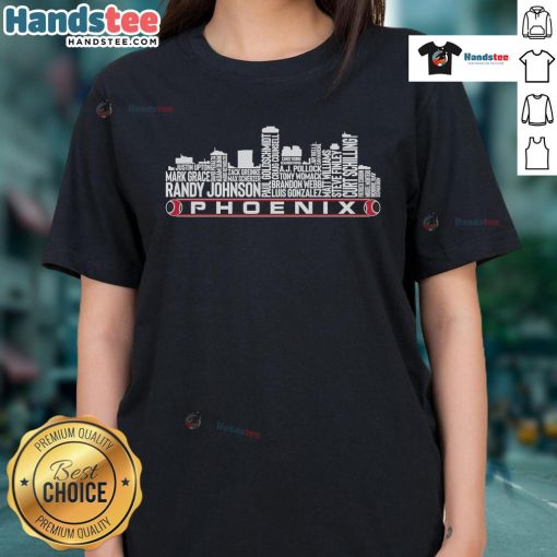Nice Arizona baseball team all-time legends with Phoenix city skyline on a stylish ladies tee.