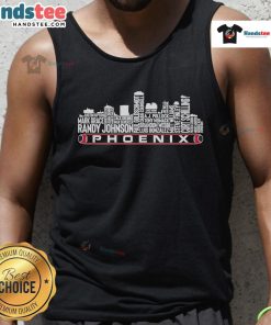Alt Text: Nice Arizona baseball team legends wearing tank tops with Phoenix city skyline in the background.