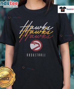 Alt Text: Stylish Atlanta Hawks Hardwood Classics Triple Stack Ladies Tee featuring team colors and logo for fans.
