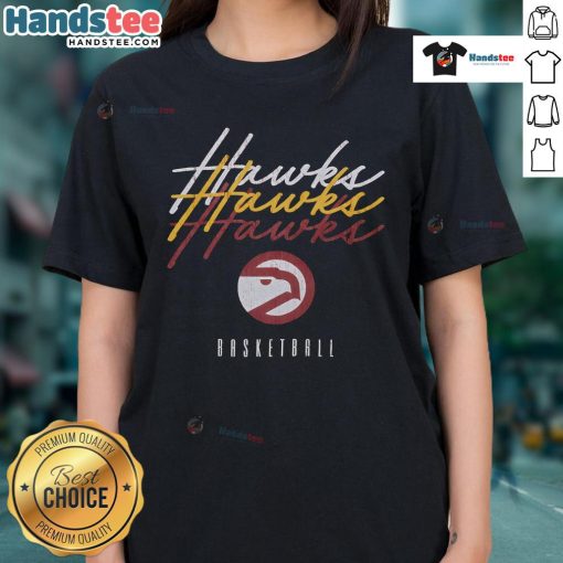 Alt Text: Stylish Atlanta Hawks Hardwood Classics Triple Stack Ladies Tee featuring team colors and logo for fans.