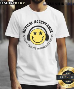 Smiling boy wearing a 'Nice Autism Acceptance' t-shirt, promoting autism awareness with a cheerful design.