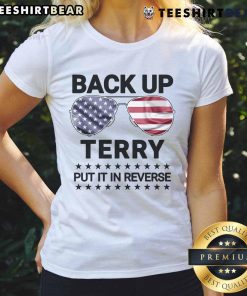 4th of July fireworks-themed ladies tee featuring 'Nice Back Up Terry Put It In Reverse' design for festive celebrations.