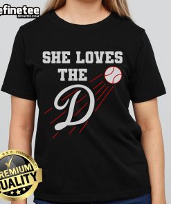 Nice baseball tee for women featuring 'She Loves The D' design, perfect for Los Angeles fans and casual wear.