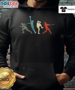 Vintage retro hoodie featuring a baseball catcher, pitcher, and batter design for nostalgic sports fans.