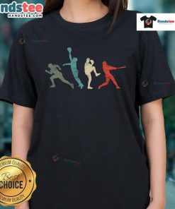Vintage retro baseball tee featuring a catcher, pitcher, and batter design for ladies, perfect for sports enthusiasts.