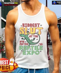 Model wearing 'Nice Biggest Slut' tank top at the Reptile Expo, showcasing vibrant colors and unique style.