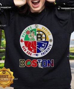 Alt Text: Boston sweatshirt featuring a circle emblem with the four major sports teams: Red Sox, Celtics, Bruins, and Patriots.