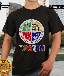 Nice Boston Four Major Sports Teams Circle Emblem T-Shirt featuring logos of the Bruins, Celtics, Red Sox, and Patriots.