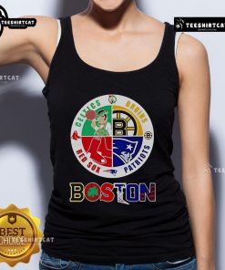 Boston four major sports teams circle emblem tank top featuring iconic logos for fans of Boston sports.