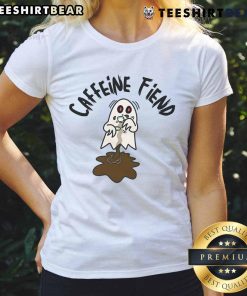 Nice Caffeine Fiend Ghost Ladies Tee featuring a playful ghost graphic with coffee, perfect for coffee lovers and Halloween fans.