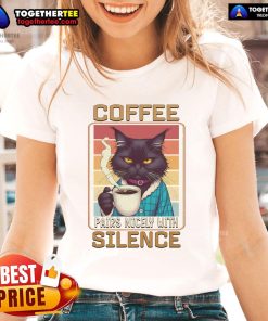 Retro ladies tee featuring a nice cat enjoying coffee, perfect for moments of silence and relaxation.