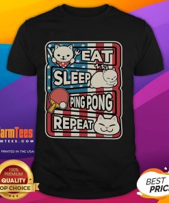 Patriotic table tennis t-shirt featuring a cute cat with the phrase 'Eat Sleep Ping Pong Repeat' in vibrant colors.