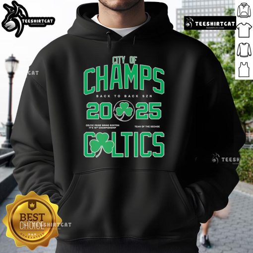 Back-to-back Boston Celtics hoodie for the 2025 season, featuring 'City of Champs' design in vibrant green and white.