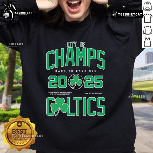 Boston Celtics sweatshirt featuring 'City of Champs' design, perfect for fans celebrating back-to-back championships in 2025.