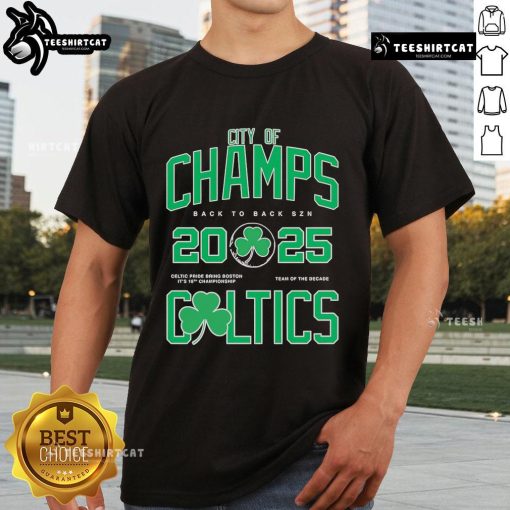 Alt Text: Boston Celtics 'Nice City Of Champs Back To Back Szn 2025' T-Shirt featuring vibrant team colors and logo design.