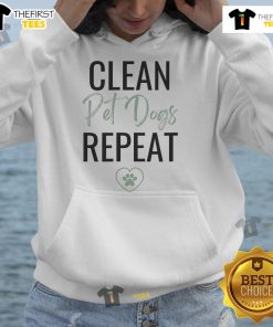Friendly cleaning lady in a dog lover hoodie, promoting a cleaning business with a warm smile and professional demeanor.