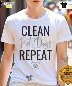 Nice cleaning lady wearing a dog lover t-shirt, promoting her cleaning business with a friendly smile.