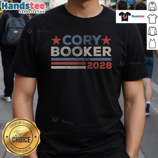 Nice Cory Booker For President 2028 retro t-shirt featuring bold graphics and vibrant colors, perfect for supporters.
