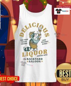 Raccoon enjoying a drink at the Backyard Saloon in a stylish tank top, showcasing a fun and lively atmosphere.