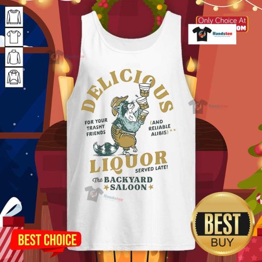 Raccoon enjoying a drink at the Backyard Saloon in a stylish tank top, showcasing a fun and lively atmosphere.