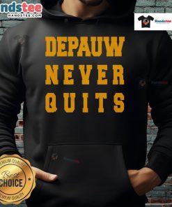 Nice DePauw Never Quits Hoodie in navy blue, showcasing the DePauw University spirit and commitment to perseverance.