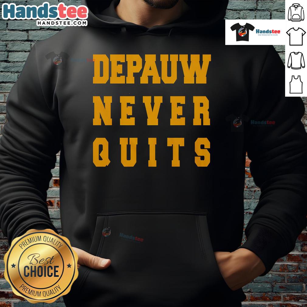 Nice Depauw Never Quits Hoodie Nice DePauw Never Quits Hoodie in navy blue, showcasing the DePauw University spirit and commitment to perseverance.